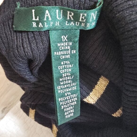 Lauren Ralph Lauren Black &amp; Gold Metallic Stripe Ribbed Turtleneck Sweater - Picture 9 of 9